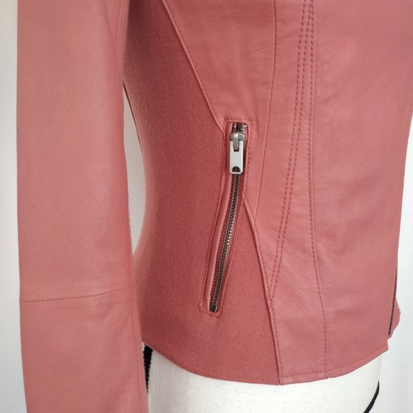 Marc New York Coral Pink Felix Knit Panel Moto Leather Jacket - Picture 8 of 16